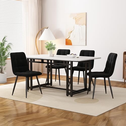 Fppuueg Conjunto Mesa y Sillas Comedor 5 Piezas, Juego de Comedor Mesa y 4 Sillas, Comedor 4 Sillas y Mesa, Mesas Cocina 120x70x74 cm con Patas Metálicas Negro, Terciopelo Silla, Negro
