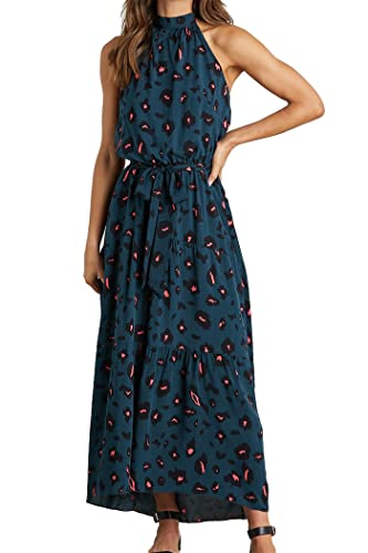 Prettygarden Women’s Casual Halter Neck Sleeveless Floral Long Maxi Dress Backless Loose Ruffle Sundress With Belt (Dark Green Leopard,Small) #TOP7
