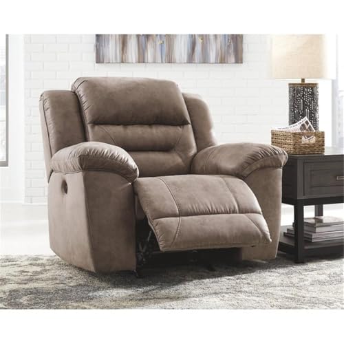Image of Signature Design by Ashley Stoneland Modern Power Recliner with Gentle Rocking Motion, One-Touch Power Control, Faux Leather, 20.5 inch Seat Height, Brown