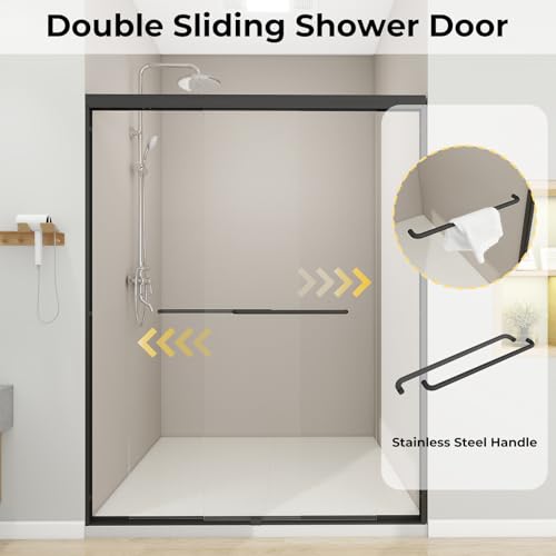 Image of Zevemomo 56 inch-60 inch W x 72 inch H Double Sliding Shower Door, Glass Shower Doors with 1 /4 inch (6mm) Clear Tempered Glass, Double Sliding Silent Soft-Close Shatterproof Door, Stainless Steel Handle, Black