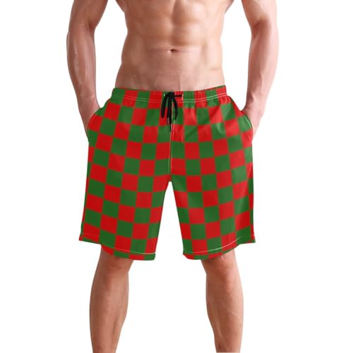 Red and Green Buffalo Checkered Mens Swim Trunks Quick Dry Beach Shorts with Pocket S