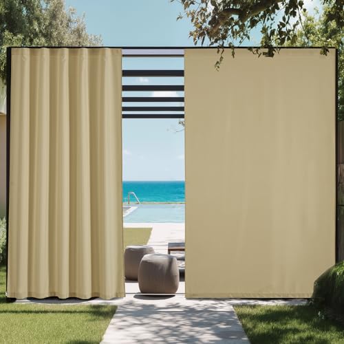 NICETOWN Canvas Outdoor Curtains for Gazebo 2 Panels, Buff, W52 x L84 per Panel - Waterproof & Windproof Sun Shades with Peel/Stick Top & Back Tab Bot
