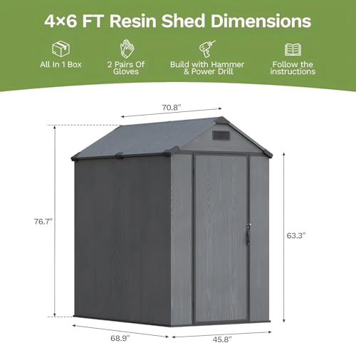 Image of Patiowell 4x6 FT Plastic Outdoor Storage Shed with Floor, Resin Outside Shed with Lockable Door and Vents, Garden Sheds for Backyard, Patio, Lawn Mower, Dark Grey