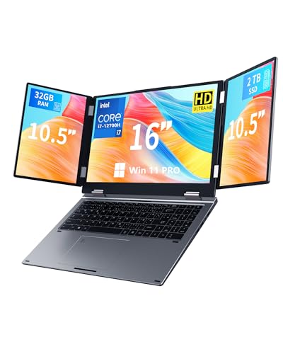 KOOFORWAY Laptop mit 3 Bildschirmen, 16' Hauptdisplay + 2x10,5', i7-12700H, 32GB RAM, 2TB SSD, Win 11 Pro, Wi-Fi 5, BT 5.0, Gesicht-/Fingerabdruck, deutsches QWERTZ-Layout, USB-C, HDMI