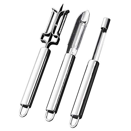 Stainless Steel Vegetable Peeler set of 3 pcs, Metal Peeler Set with Sharp Serrated Blade Cherry, Jujube Corer and Peeler Remover Set for Apple, Potato, Fruit Jujube, Vegetable Kitchen Gadgets Tools