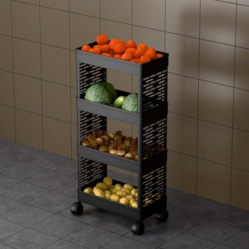 Image of Trailbrix Black 4-Tier Rolling Storage Cart with Wheels, Portable Utility Organizer Trolley for Kitchen, Bathroom, Office, Salon (Kitchen Rack 4 TIRE)