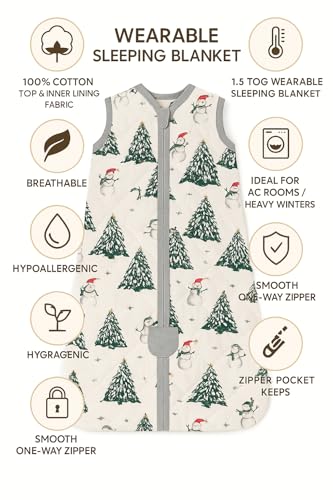 Image of TuddyBuddy Baby Cotton Wearable Quilted Sleeping Bag Blanket 1.5 Tog with 1 Way Zipper Closure | Ideal for Babies & Kids Hypoallergenic Fabrics | (Pine Tree AOP, 18-24 Months)