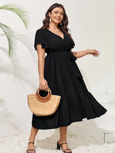 SCOMCHIC Womens Plus Size Wedding Guest Dresses Summer Wrap V Neck Short Sleeve Belted Ruffle Hem A-Line Flowy Maxi Dress2