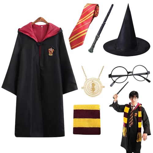 FENGQ Fantasia mágica, 7 peças disfarce mágico college cosplay com camada de mágico, varinha mágica, óculos, cachecol, capa disfarce de Halloween adulto, disfarce adulto para adultos, Halloween,