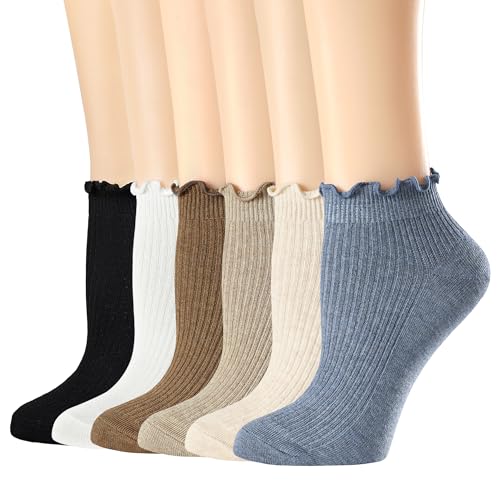 Image of Mcool Mary Womens Ankle Ruffle Socks Casual Cotton Frilly Breathable Cute Knit Lettuce Trim No Show Socks 6 Pack
