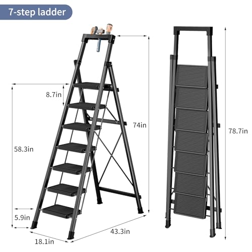 7 Step Stool with Tray Suport 330 lbs Capacity Foldable Step Ladder with Convenient Handgrip,Widen Anti-Slip Pedal,Lightweight & Portable Step Ladder for Home,Kitchen,Office,Garage - Image 3