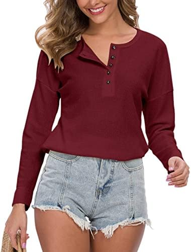 Miniatura 3 de MOLERANI Camisetas tipo túnica de punto gofre para mujer, holgadas, de manga larga, con botones, cuello en V, camisas Henley