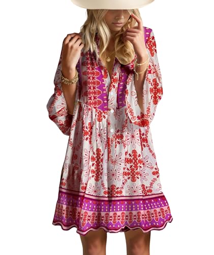 Image of Opemiby Summer Dresses for Women 2026 Flowy Ruffle 3 /4 Sleeve V Neck Tiered Casual Babydoll Boho Beach Mini Dress