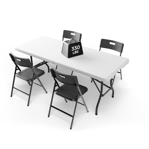 Ortus Collective 6FT Folding Table Set with 4 Folding Chairs, Heavy Duty 330 lbs Table & 330 lbs Chairs, Portable Folding Furniture Bundle for Camping, Party, Indoor & Outdoor Use
