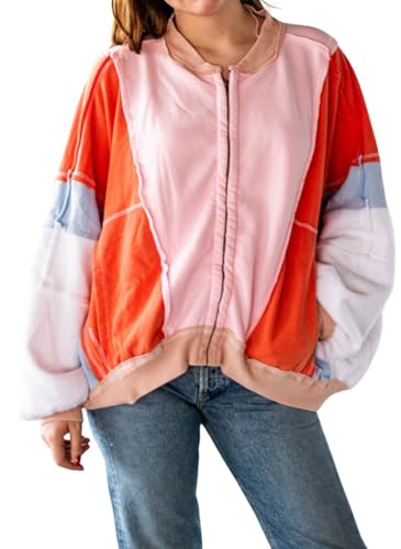 chouyatou Women's Oversized Color Block Splicing Y2K Bomber Jacket 2024 Fall Clothes Casual Loose Coat Outwear