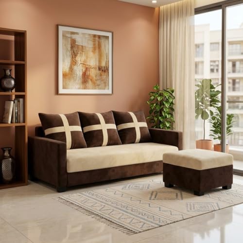 Image of Caviriq 4 Seater L Shape Sofa Set with Movable Ottoman | Flexible Left or Right Layout | Luxury Velvet Suede Fabric | Modern Living Room Sofa | Dark Brown-Cream