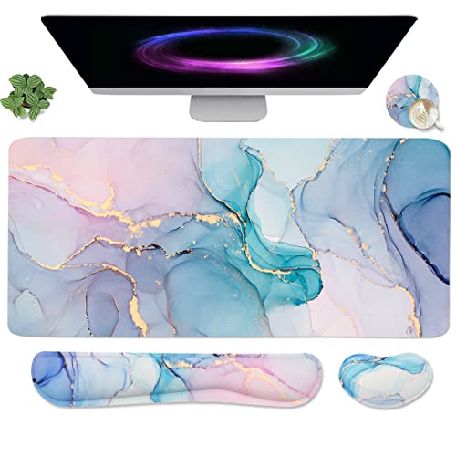 Image of 4-in-1 Large Gaming Mouse Pad, Keyboard Wrist Rest Pad & Wrist Support Mousepad Set, Extended Desk Pad Waterproof Desk Mat for Home Office Study Game - Blue Marble