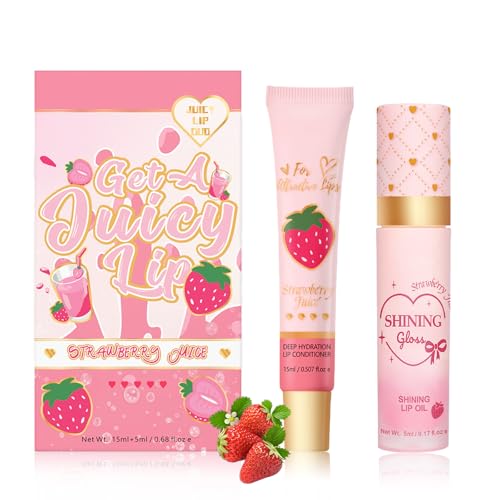 Lip Conditioner & Lip Oil Set - Lip Care Duo Set - Moisturising and Hydrating Lip Balm Overnight - Lip Gloss Balm for Chapped Dry Lips Repair - Beauty Gift Sets for Teenage Girls(Strawberry)