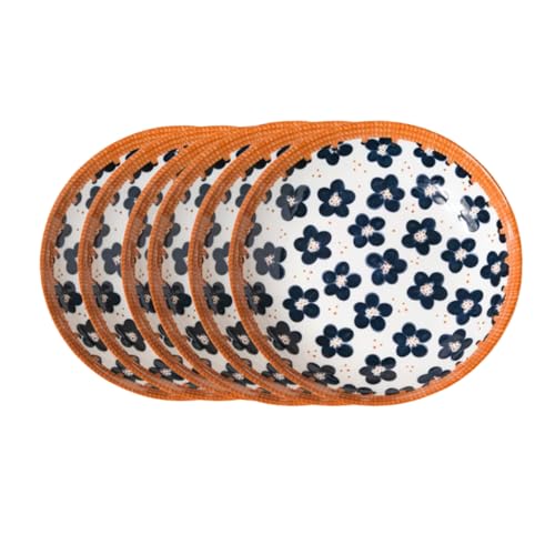 Image of Lellow Ceramic Dinner Plate Set of 6 | Floral Pattern with Orange Rim | Microwave Safe | Dishwasher Safe | Food Grade Glazed Ceramic | Modern Dining Plates for Daily Use