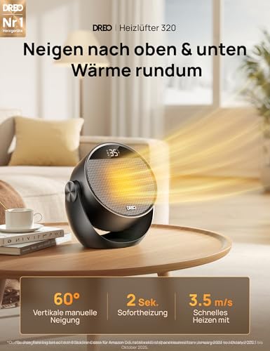 Dreo Heizlüfter Energiesparend Klein, Leiser 1500W Tragbar Heizlüfter mit Fernbedienung, Thermostat, 60° Neigbar, 8 Sicherheitsfunktionen, PTC-Keramik,12-Std-Timer, 3 Modus 3 Geschwindigkeit, Schwarz – Bild 3