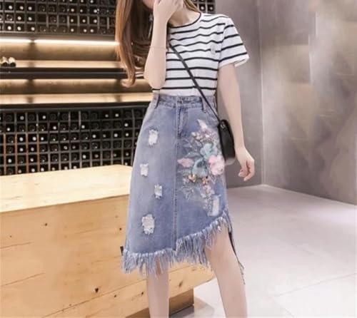 Women's Fringe Embroidery Midi High Waist Jeans Skirts Solid A Line Hole Denim Skirt2