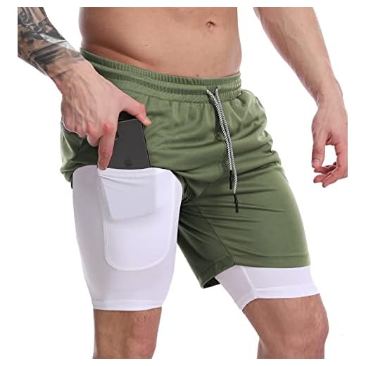 Badehose Herren Schnelltrocknend Boardshorts Shorts Herren Sport Sommer 2 in 1 Kurze Hosen Schnelltrocknende Laufshorts Fitness Joggen und Training Sporthose mit Taschen 2 Lachi Herren Hose Sport Shorts Laufshorts 2 in 1 Kurze Running Sporthose Badehose Jogginghose Laufhose Fitness Trainingshose,Grüne Telefontasche,L