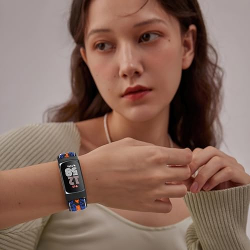 5 Pack Elastic Nylon Watch Bands Compatible for Fitbit Charge 6/Fitbit Charge 5, Adjustable Breathable Replacement Stretchy Nylon Loop Wristband Sport Strap for Women Men