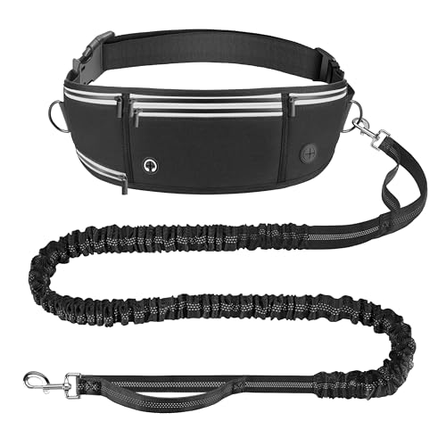 Looxmeer Joggingleine Hunde mit Bauchgurt, Freihändig Hundeleine für Große und Mittelgroße Hunde mit Dual Griffe, Reflektierende Laufleine Bauchgurt Hundeleine zum JoggenLaufen, 1.6-2.2M, Schwarz