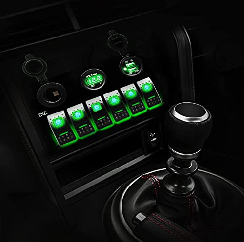 Fxc 12 Volt Aluminum Marine Boat Rocker Switch Panel Waterproof 6 Gang Toggle Switch Panel Green Led Lighted For Car Truck Rv Utv Atv With Usb Cigarette Lighter Socket Voltmeter #TOP6