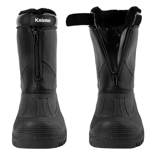 Knixmax Men's Winter Boots Waterproof Snow Shoes Mid Calf Insulated Booties Warm Outdoor Hiking Walking Skiing Boot No Lace Mens Boots With Zipper Size 8-144