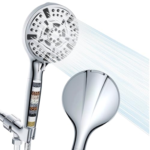 AUHUB Filtered Shower Head with Handheld, High Pressure 6 Spray Mode Showerhead with Filters, Water Softener Filters Beads for Hard Water - Remove Chlorine - Reduces Dry Itchy Skin, Silver