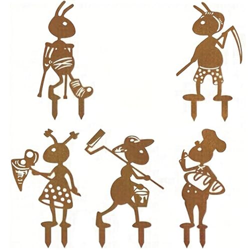 Ameisen Gartenstecker Set Ameisen Edelrost Gartendeko Metall wetterfest Rostdeko Deko Rost Rostdeko Garten Deko aus Metall Wetterfeste Gartendeko Rost für Beet Terrasse Balkon (5er Set Ameisen)