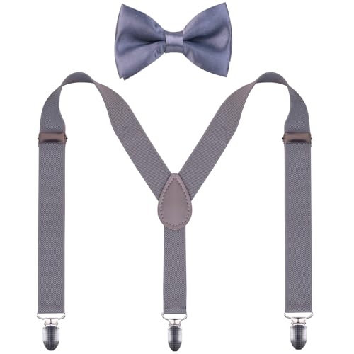 GUCHOL Child Kids Suspenders Bow Tie for Boys and Girls Adjustable Elastic Classic Accessory Sets Age 1 to 13 Year (Light Gray, 33 INCH (6-13 Year))