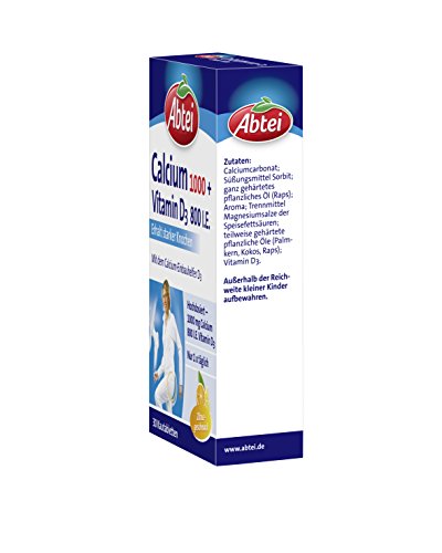 Abtei Calcium 1000 + D3 - Für den Erhalt starker Knochen - Hochdosiert - Glutenfrei, laktosefrei, für Vegetarier geeignet - Mit Zitronengeschmack - 30 Tabletten