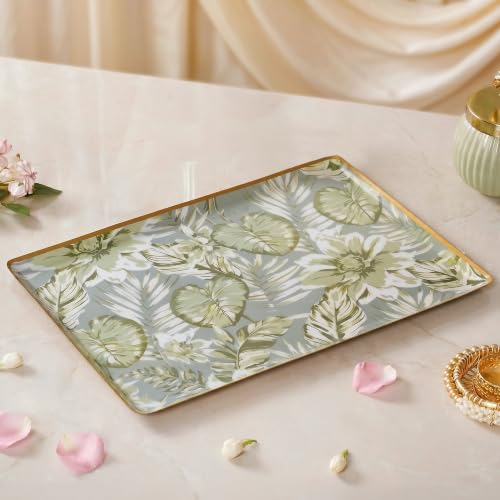 Image of Nestasia Serving Tray with Gift Box (33cm x 23cm) - Elegant Tropical Print Platter with Golden Rim for Decoration & Gifting | Food Safe, Rust-Resistant & Premium Finish Tray - Perfect for Home Decor