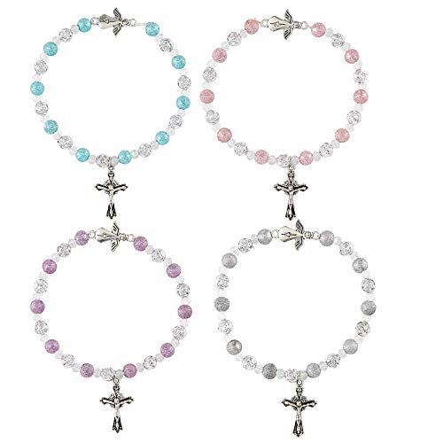 Needzo Angel Rosary Bracelet with Glass Beads and Crucifix Charm, First Communion Gift for All, Assorted Colors, Pack of 122