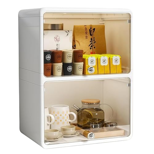 Starshine ミニ卓上食器棚 コップ 収納 防塵 防湿 扉付き 多機能 お茶碗ボックス 大容量 簡単 化粧品 小物 透明扉付き 一段二段三段 雑貨 仕切り 整理整頓 台所 家庭用 (ホワイト,L-2階)