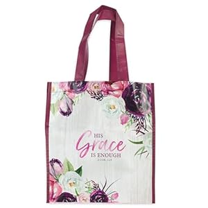 Christian Art Gifts Reusable Shopping Tote Bag | His Grace Is Enough 2 Corinthians 12:9 Bible Verse | Inspirational Durable Floral Pink Tote Bag for Groceries, Books, Supplies