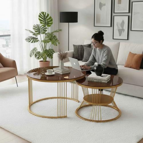 Image of Round Coffee Table Set of 2 for Living Room Wooden Top with Gold Metal Frame Modern Nesting Center Table for Sofa Area Home & Office Furniture (Golden Brown)
