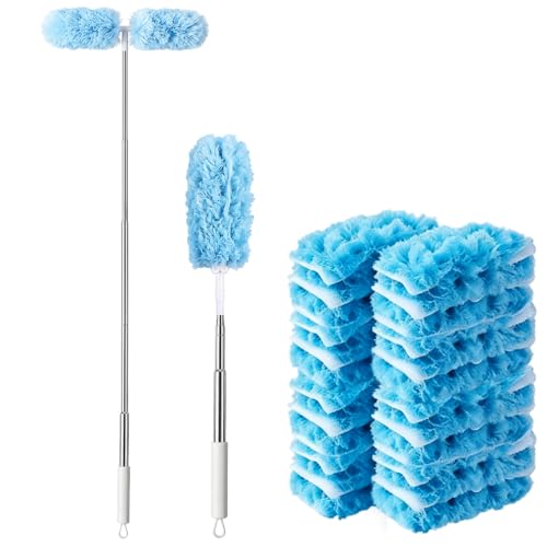 Plumero telescópico de 40 a 210 cm, plumero largo extensible para Swiffer con 25 toallitas desechables, 2 en 1, barra telescópica de doble cabezal giratorio 360°, plumero para techo, ventilador