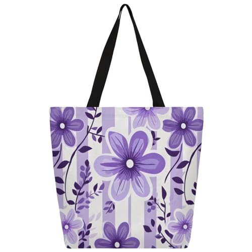Striped Floral Purple Large Capacity Canvas Tote Bag Stylish Handheld Shoulder Bag Reusable Shopping Bag for Work Travel Beach Trips Shopping
