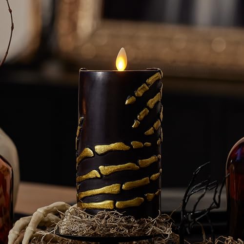Image of Luminara Skeleton Hands Flameless LED Candle, Black & Gold 3 inch x 6.5 inch, Moving Flame Pillar, Battery Operated Timer Real Wax Halloween Gothic Home Decor