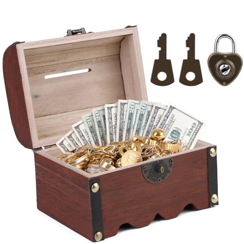 HOMURY Cofre del tesoro de madera con candado: cofre del tesoro vintage pequeño pirata, joyero con...