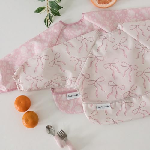 Image of Tiny Twinkle Long Sleeve Bib for Babies & Toddlers | 2-Pack Waterproof Smock Bib for Eating | Machine Washable & Mess-Proof Feeding Essentials | Newborn Shower Gift (Toile,Bows, 6-24M)