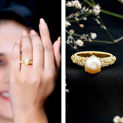 Real Golden Pearl Diamond Engagement Ring, AAA Quality, South Sea Pearl Flower Ring - Ready To Gift2