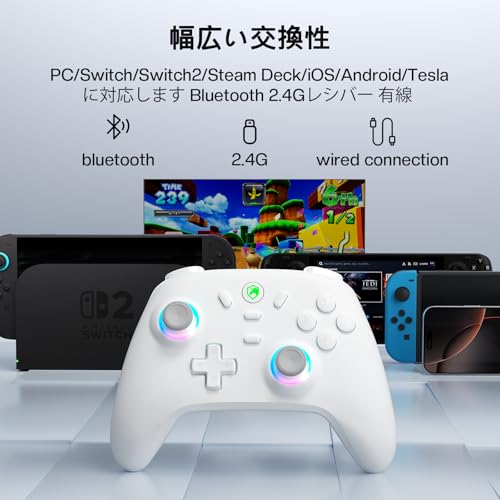 PC コントローラー 無線/有線接続 2.4Gレシバー付き ホール効果スティック RGBライト 1000Hz ポーリングレート TURBO連射 振動調整 800mAhバッテリー PC/Steam deck/Switch/Android/iOSに対応 ホワイト