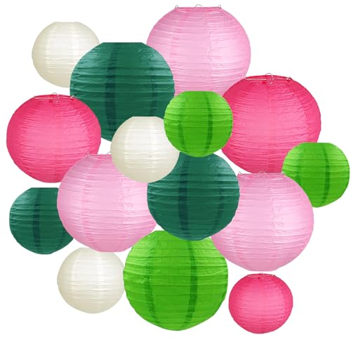Image of 15-Piece Pink Green White Paper Lanterns Party Decorations
