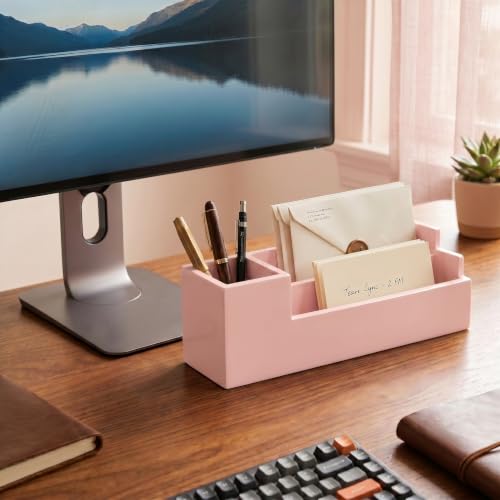 Image of Wooden Desk Organiser with Pen Holder, Mobile & Tablet Stand, Card Holder - Multi-Compartment Office Desk Organizer for Study Table, Bedside Table & Living Room |Pink Finish