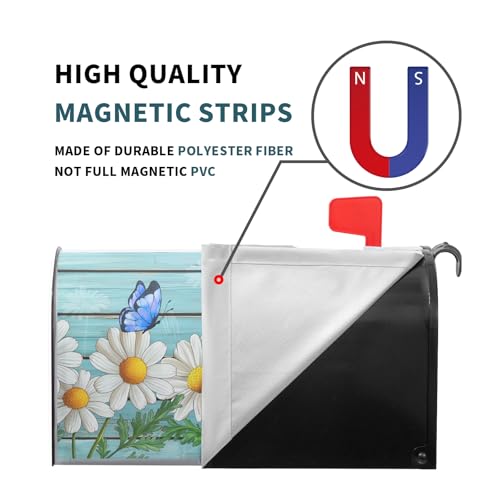 Image of Rustic Spring Summer Daisy Mailbox Covers Magnetic Large Size Spring Teal Old Wood Board Magnetic Mailbox Covers Daisy Floral Mailbox Wrap Post Letter Box Cover for Garden Yard Decor 25x21 Inch