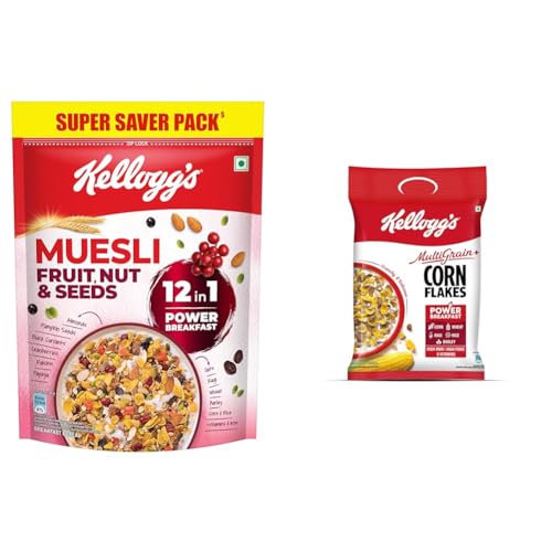 Image of Kellogg's Muesli Fruit Nut & Seeds 750G | 12-In-1 Power Breakfast | India'S No. 1 Muesli | + Kellogg's Multigrain plus Corn Flakes 450 G | Power of 5 Grains | 6 Vitamins | High Iron | High